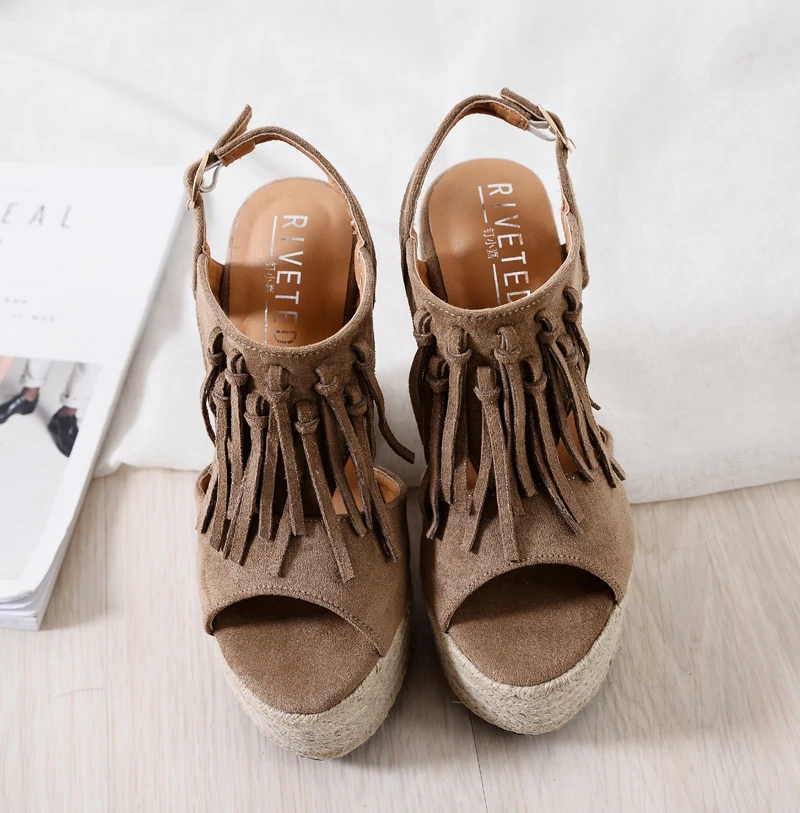 new ultra high heel wedge sandals waterproof platform muffin thick bottom Roman tassel women's sandals small size shoes 32