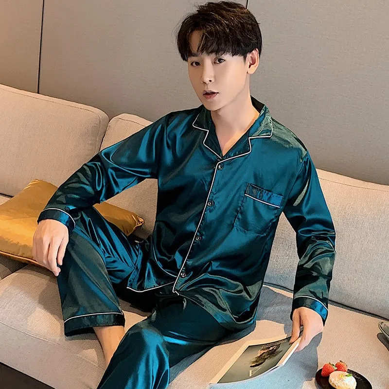 Men Satin Pajamas Set Navy Blue 2PCS Shirt &Pants Pyjamas Suit Long Sleeve Couple Sleepwear Nightwear Plus Size 3XL 4XL 5XL