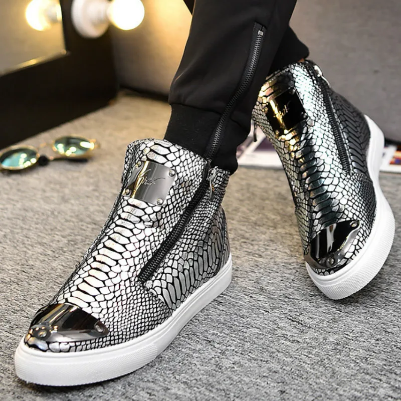 Мужские кроссовки с высоким берцем из микрофибры; обувь на платформе; брендовая модная мужская обувь с принтом; Черная искусственная кожа; популярная обувь; Мужская Вулканизированная обувь; D5-17 - Цвет: Серебристый