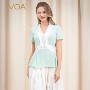 

Voa Mint Green V-neck Short-sleeved Stitched Organ Waist Design Elegant Slimied Silk T-shirt Woman B9035 Tshirt t Shirt Women