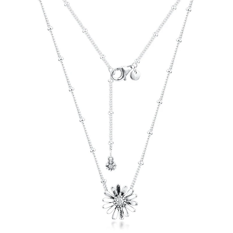 Silver Pave Daisy Flower Collier Pendant Necklaces
