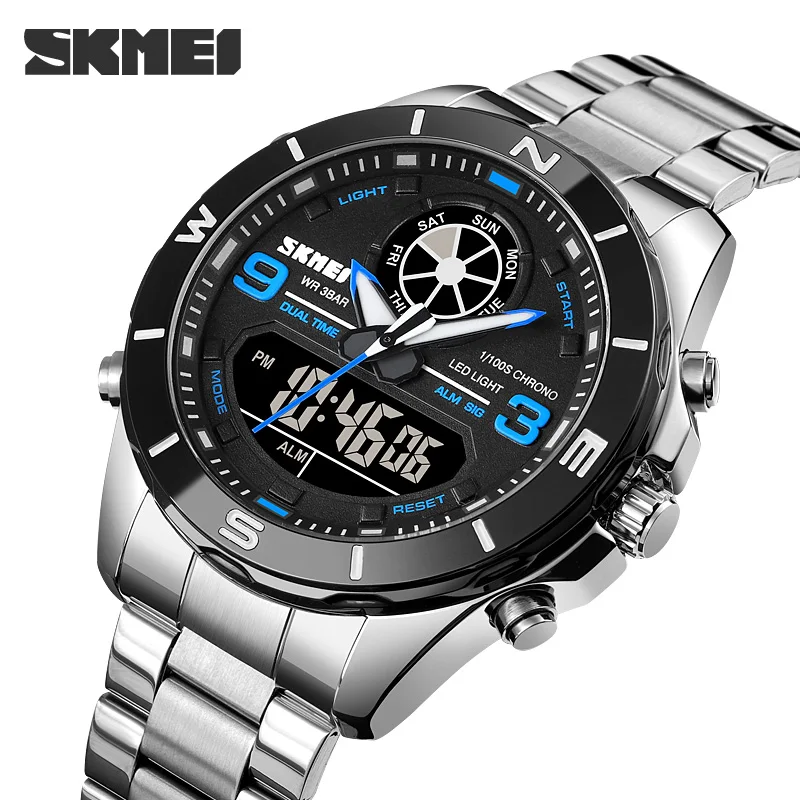 LuxurySteelQuartzWatchTopBrandSKMEIDualTimeChronoDigital