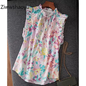 

Ziwwshaoyu Fashion Summer Colorful Flower Print Sleeveless Gold Line Cotton T Shirts Women's Tops Tees Female Clothing