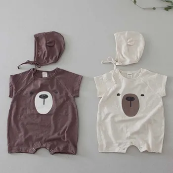 

2020 New Korean Japan Style Summer Toddler Baby Boys Girl Romper Cotton Cartoon Short sleeve Newborn Baby Boys Girl Jumpsuit+Hat