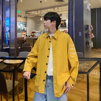 

2019 Work Clothes Shirt Male Trend Tide Brand Loose Coat Long Sleeve Leisure streetwear Thin Japan Style Khaki Yellow