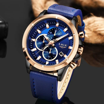 

LIGE Mens Watches Top brand 2019 Fashion Blue Leather Clock Luxury Quartz Gold Watch For Men Waterproof Chronograph Reloj Hombre