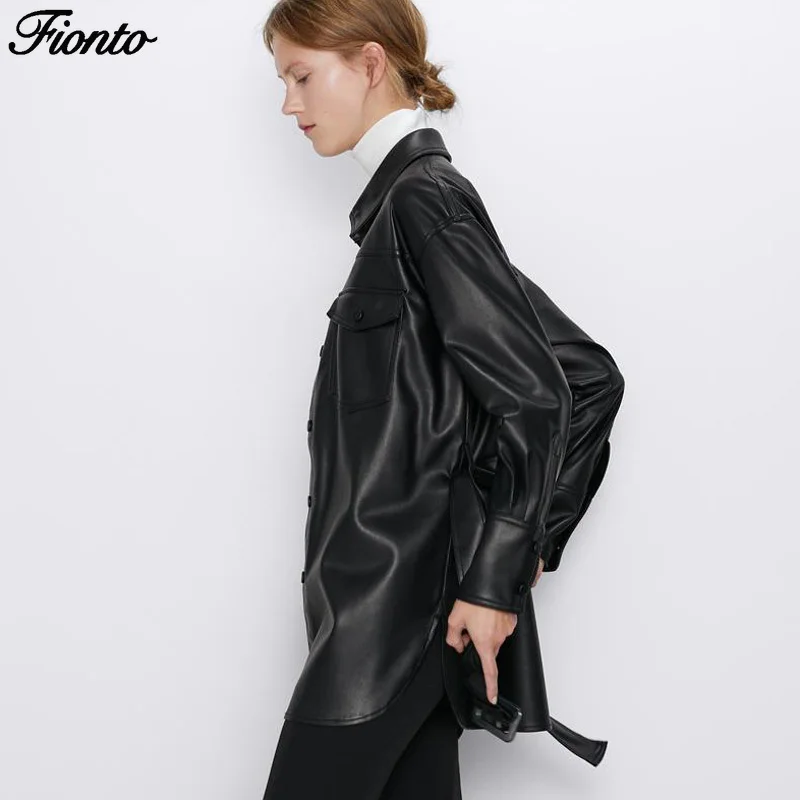 FIONTO тонкий PU пальто для женщин Модные Куртки из искусственной кожи для женщин Элегантный галстук ремень талии карманы пуговицы пальто для женщин