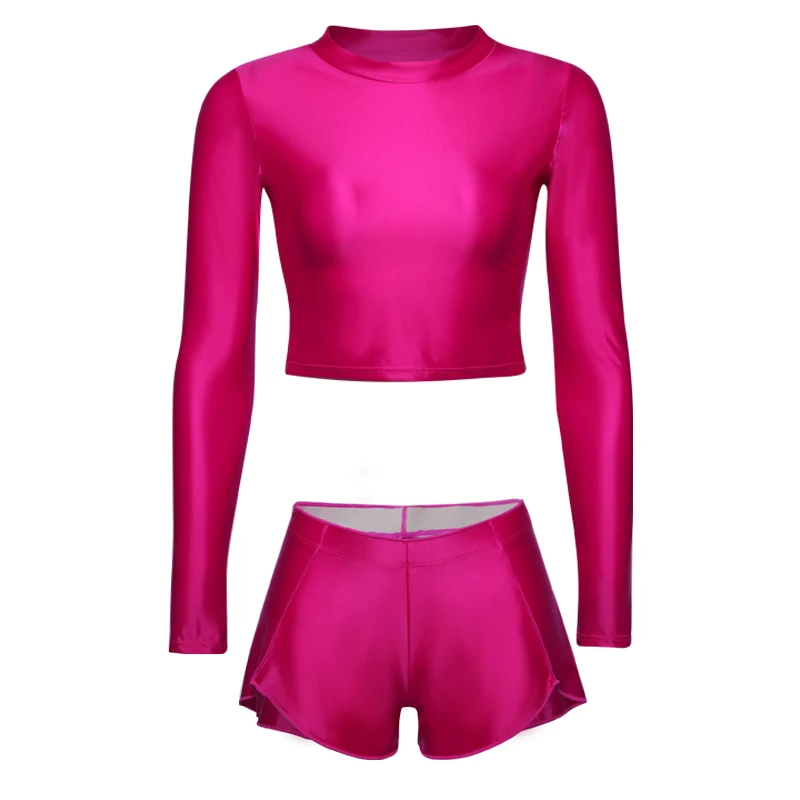 Bodysuit + Running shorts Bodysuit Long sleeved bodysuit running suit glossy high elastic round neck training suit Running gear