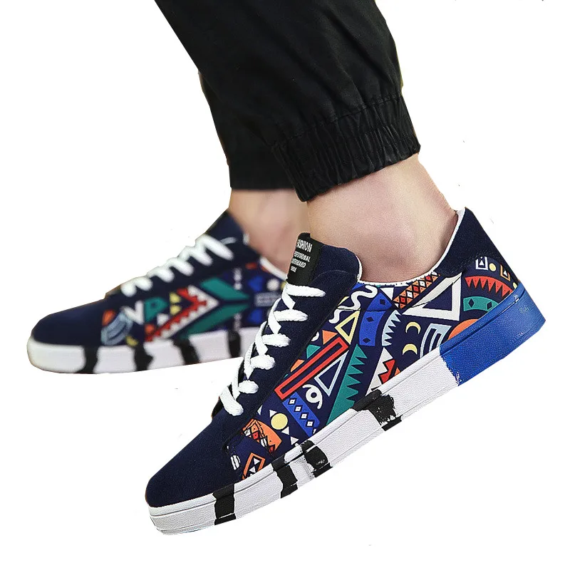 $16.66 Mens Vulcanize Shoes Lace-Up Fashion Printed Canvas Shoes Casual Breathable Flat Shoes