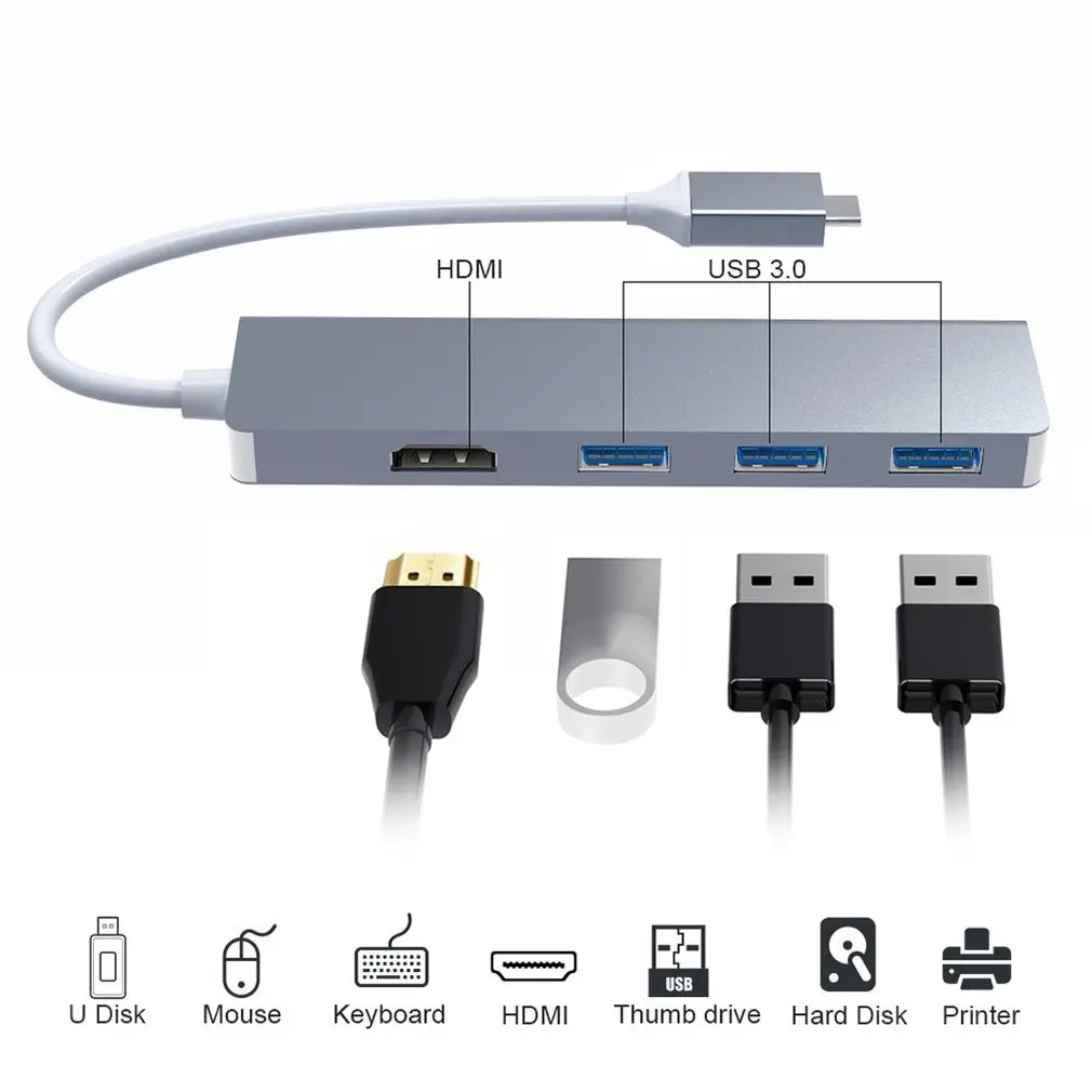 Изысканный дизайн USB-C концентратор type-C адаптер для HDMI 3 USB 3,0 Портативный Алюминиевый USB C Ключ серый
