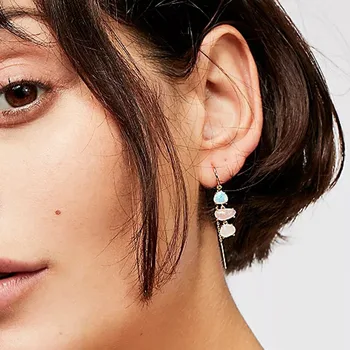 

2020 Spring Summer Dainty Chain Thread Through Earring Copper Casting Natural Stone Drop Earrings
