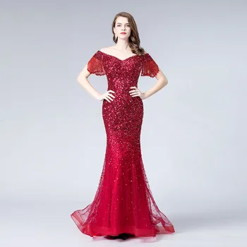 

Red Sequined Evening Dresses Long Off the Shoulder Mermaid Formal Dress Party Evening Gown Robe De Soiree