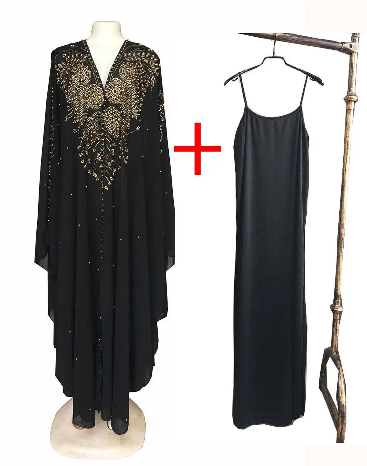 Супер размер, стиль, африканская Женская Дашики, модная, с бусинами, удлиненная накидка с капюшоном, длинное платье 837 - Цвет: black Two pieces-2