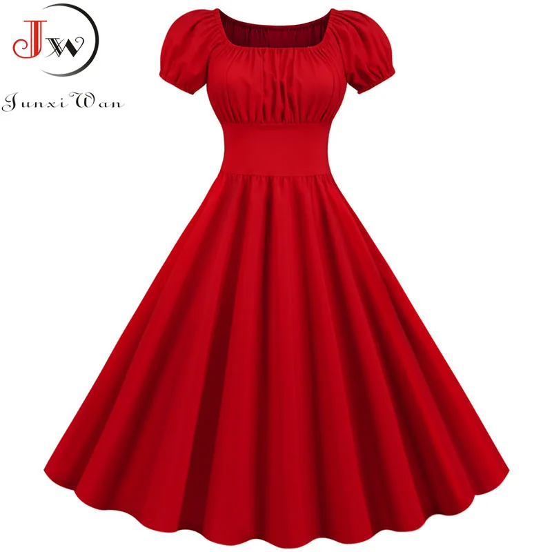 Women Vintage Dress Robe Femme Summer Puff Sleeve Square Collar Solid Red Color Elegant Party Plus Size Casual Office Midi Dress