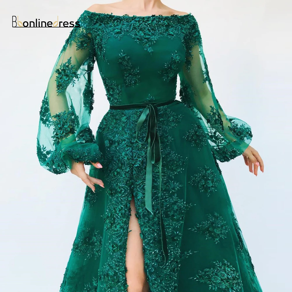 2019-New-Listing-Green-Evening-Dresses-Sheer-A-Line-Off-The-Shoulder-Sleeves-Hand-Beading-Lace
