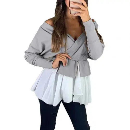 Grey Модные женские с открытыми плечами, с пышными рукавами, рюшами, v-образным вырезом, укороченный топ, свободные, без бретелек, повседневные, вечерние, без бретелек, с открытыми плечами - Цвет: Grey