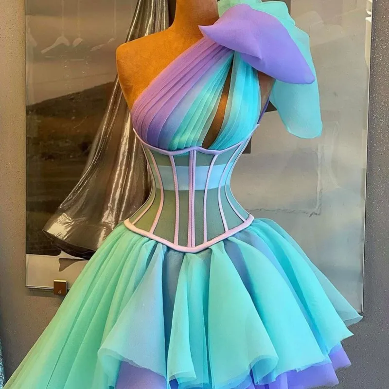 Gorgeous Mixed Colour Prom Dresses One Shoulder Bow Corset Top Cocktail Gowns Runched Women Party Wear 2021 long sleeve prom & dance dresses Prom Dresses
