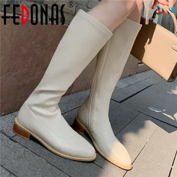 

FEDONAS Round Toe Shoes For Women Side Zipper Thick Heels Tight High Boots 2020 Fall Winter Working Wedding Knee High Boots