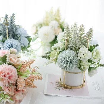 

Nordic Artificial Flower Set Ceramic Golden Vase Rose Artificial Plant Potted Home Decoration