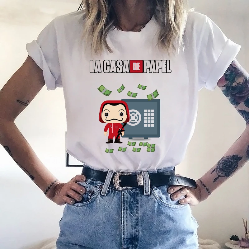 La casa de papel Женская белая футболка с начесом денег, дали маска, Каса де Papel, плюс размер, футболка, Топы, дом бумаги, футболка Femme