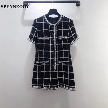 

SPENNEOOY Designer Custom Runway Summer Female Coarse Weaving Playsuits Ladies Plaid Knit Button Pocket Office Jumpsuits