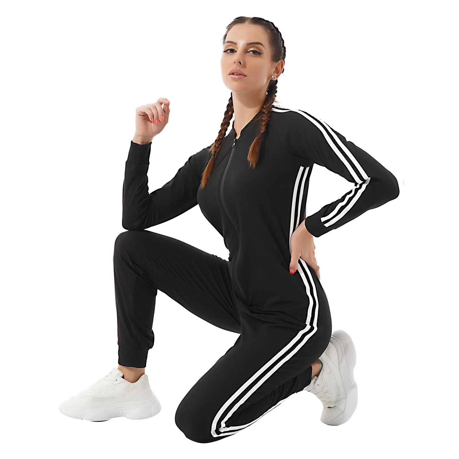 Black Women One-piece Stretchy Gym Fitness Running Jumpsuits Sportswear Front Zipper Side Stripes Pencil Pants Jumpsuit - Jumpsuits - AliExpress