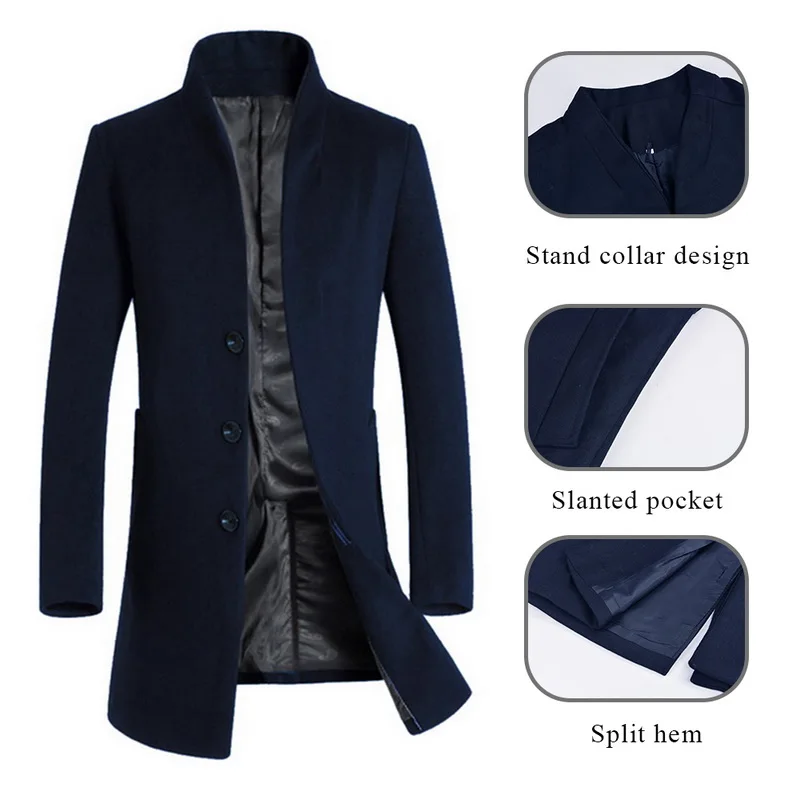  LITTHING 2020 Men Spring Blend Coats Stand Collar Jackets Classic Male Outwears Solid Breasted Men 