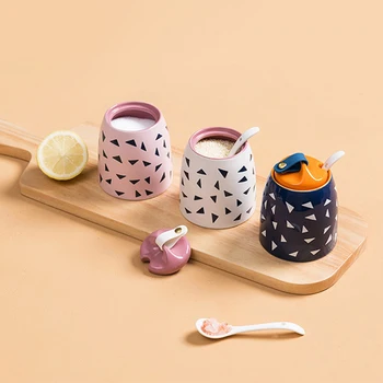 

Nordic Silicone Ceramics Seasoning Bottle with Spoon Spice Box Home Storage Organizer Kitchen Tool For Salt Pepper Sugar