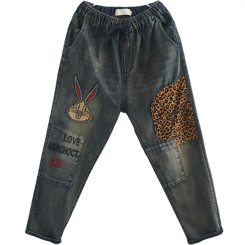OMIKRON женские осенние модные винтажные джинсы с вышивкой свободная повседневная женская одежда Лоскутные эластичные шаровары брюки - Цвет: KZ222