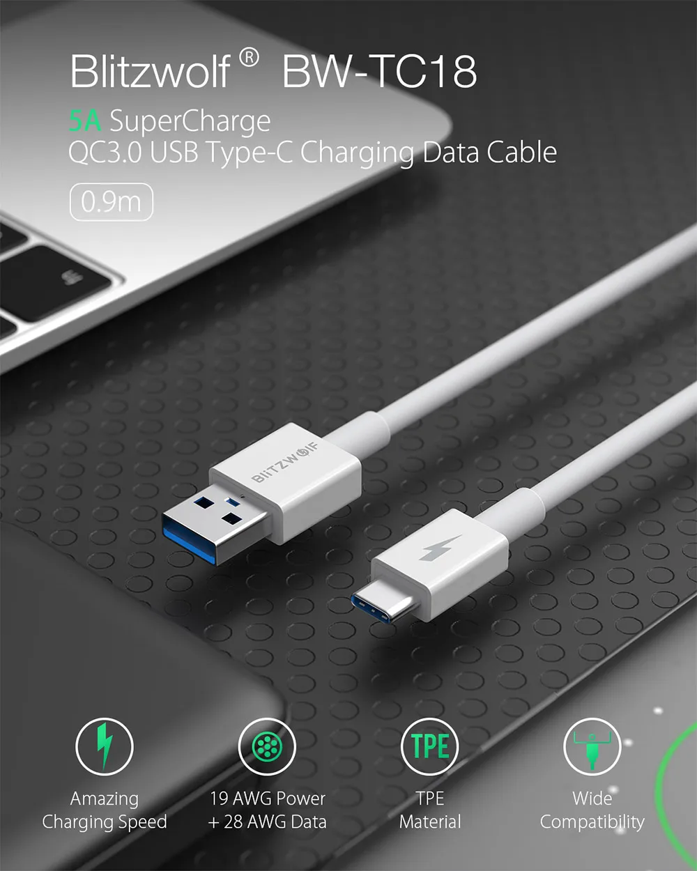 BlitzWolf USB Type C 5A кабель передачи данных для быстрой зарядки зарядное устройство