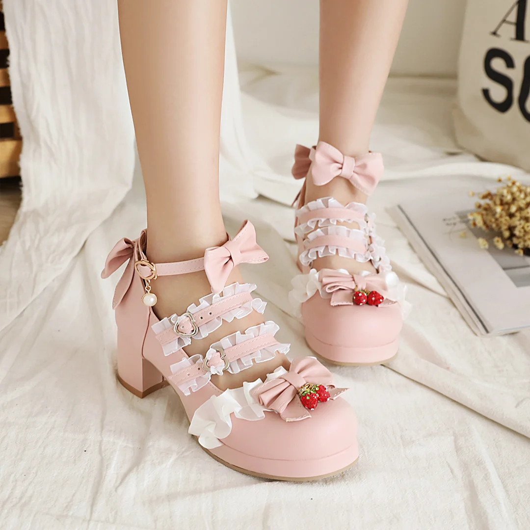 Chunky Platform Girls Lolita Shoes Mid Heel Round Toe Bows