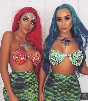 

European Sexy Strap Bikini Top Crops Sequined Perlage Summer Beach Metal Alloy Breast Chain Ladies 2019 Night Club Body Jewelry