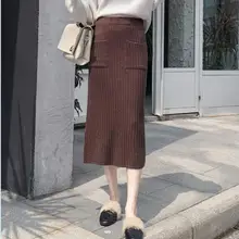 Женская юбка элегантная дамская юбка-карандаш миди с разрезом сзади высокая талия карманы Повседневная вязаная зимняя юбка Jupe Femme юбки для женщин s