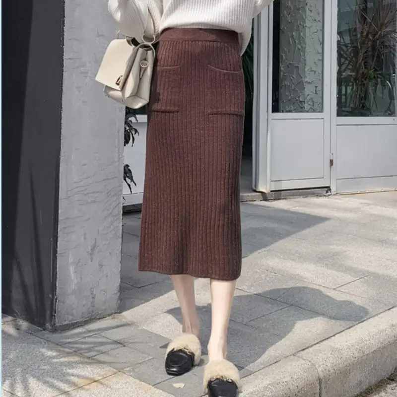 Women Skirt Elegant Ladies Back Slit Midi Pencil Skirt High Waist Pockets Casual Knitted Winter Skirt Jupe Femme Skirts Womens