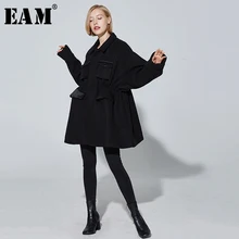 [EAM] свободное черное пальто с разрезом большого размера, плотное шерстяное пальто, парка, новинка, длинный рукав, женская мода, Осень-зима, 19A-a755