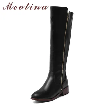 

Meotina Riding Boots Women Shoes Mid Heel Knee-High Boots Female Zipper Chunky Heels Ladies Long Boots Black Brown Large Size 46