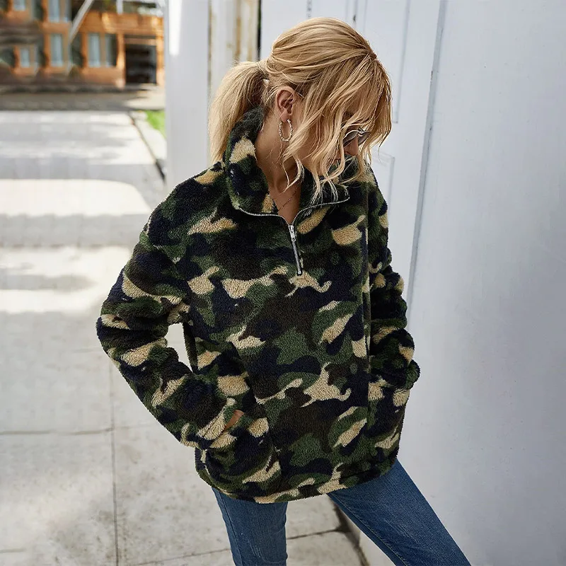 [Fluffy Camouflage Zipper Women's Sweatshirts Turn-down Collar Female Pullovers 2021 Autumnn Winter New Casual Ladies Sweatshirt]