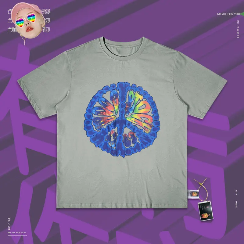 Ins High Street Girl/европейские товары, серия футболок ручная живопись маслом используется короткий рукав ленивый ветер студенческий уличный круглый - Цвет: gray