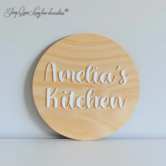 Personalised Kids Kitchen Sign Plaque, Round Wooden Board