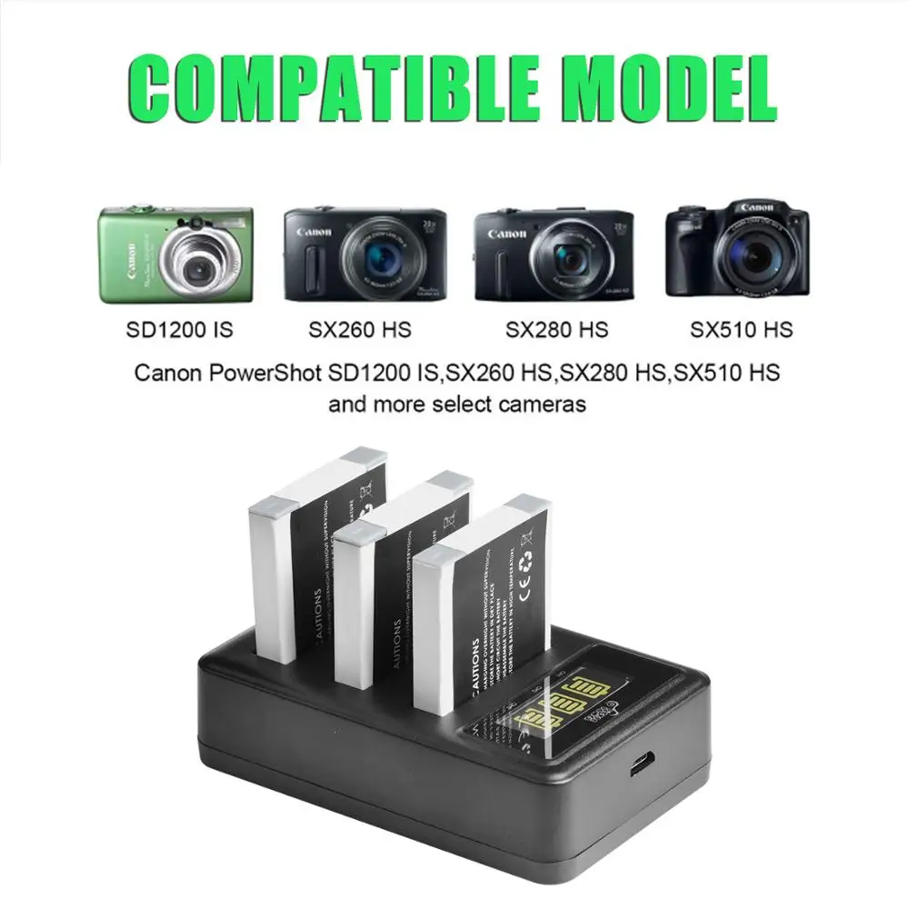 1300mAh NB-6L NB-6LH Battery 3-port LED Charger For Canon