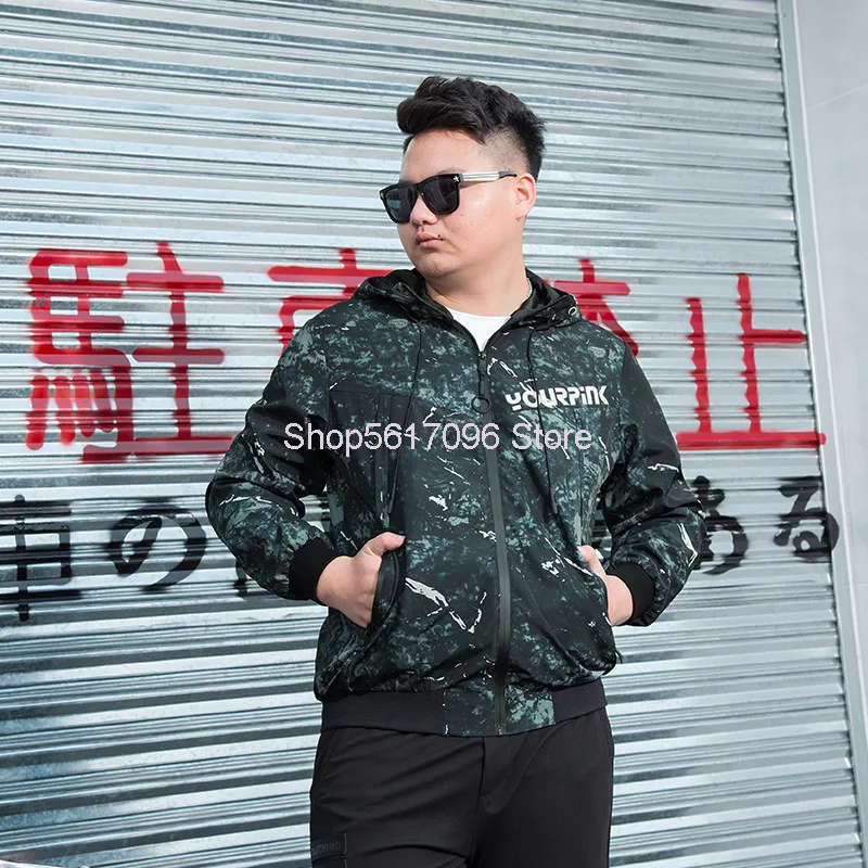 

Super Brand Big Size Men's Wear 2020 Autumn Plus Fat Plus Jacket Splash Ink With Cap Coat