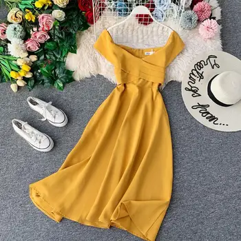 

Sexy Dress Open Back Fashion Retro French Sweet Slash Neck Elegant Dress Solid Color Strapless Closed Waist Comfort Summer Dress