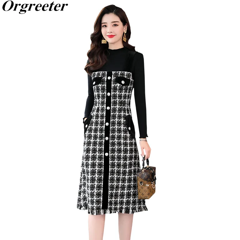 

Temperament OL Work Wear 2 Piece set Autumn Comfort Modal bottoming shirt + Single-breasted Tassel Plaid Tweed Vest Dress suit