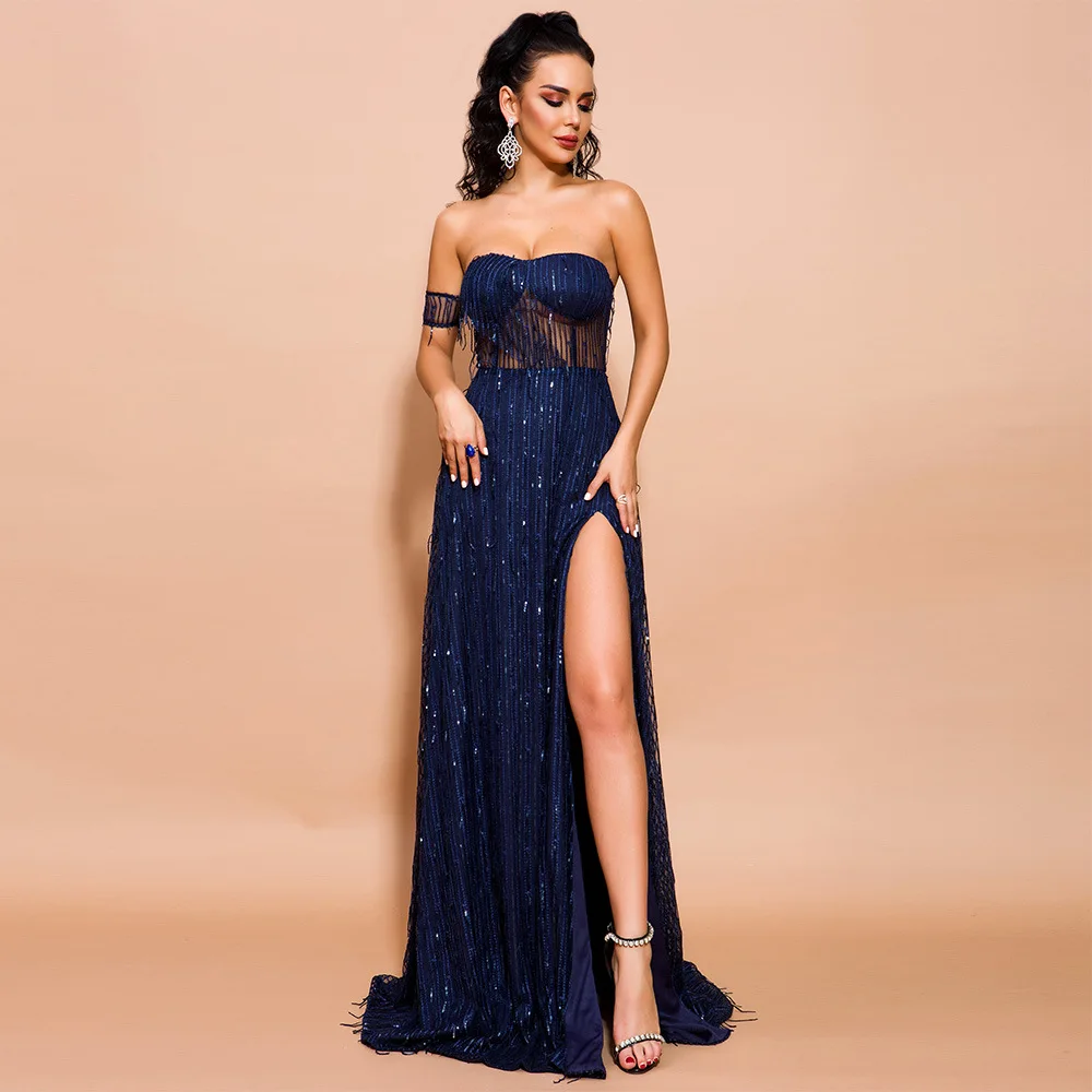 

Tassel Women Sequined Long Dress Top Quality Elegant Night CLub High Slit Evening Party Dresses