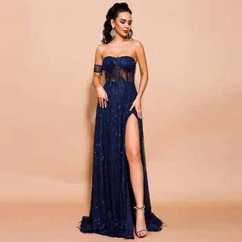 

Tassel Women Sequined Long Dress Top Quality Elegant Night CLub High Slit Evening Party Dresses