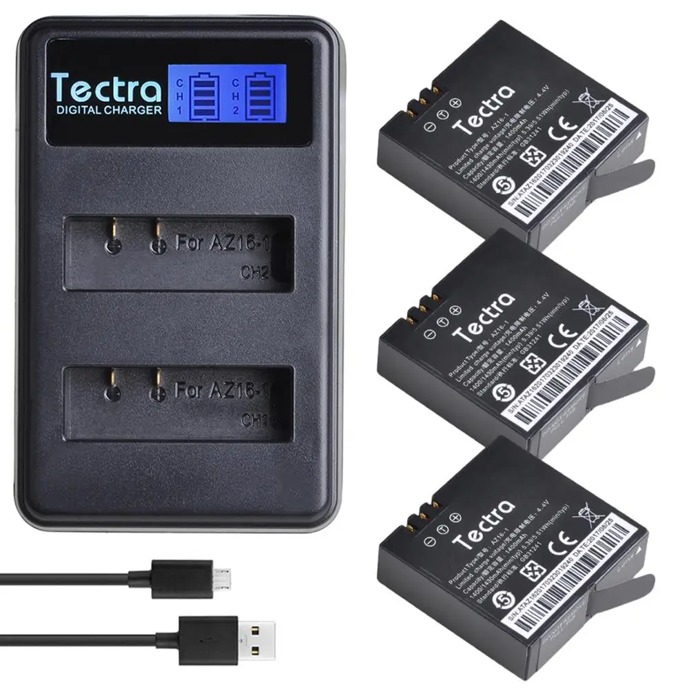 4PCS 1400mAh AZ16-1 Battery+LCD USB Dual Charger for Xiaomi 1 2 4K Original Xiao Mi Yi Lite Action Cameras - Цвет: 3 battery 1 charger
