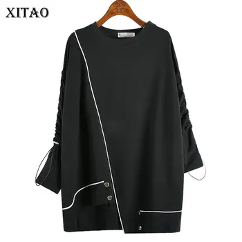 

XITAO Irregular Personality Black T Shirt Women Clothes 2019 Fashion Drawstring Pullover Full Sleeve Elegant Tshirt New XJ2256