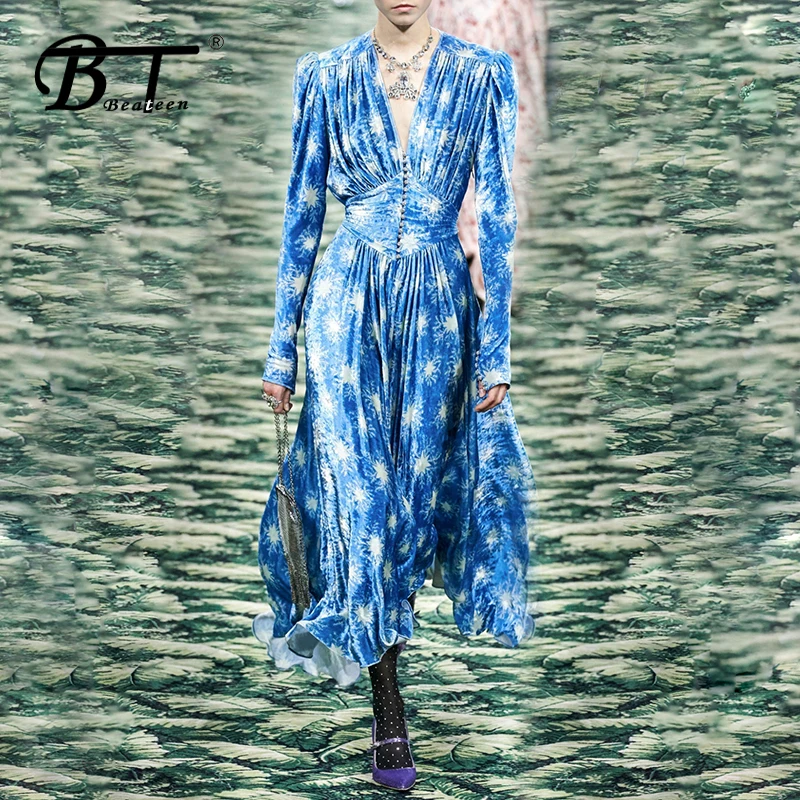 Beateen Sexy V Hals Lange Mouw Gedrukt Fluwelen Slanke Taille Diamant Knop Maxi A-lijn Jurk 2019 Winter Nieuwe Vrouwen Mode vestido Beateen Sexy V Hals Lange Mouw Gedrukt Fluwelen Slanke Taille Diamant Knop Maxi A-lijn Jurk 2019 Winter Nieuwe Vrouwen Mode vestido