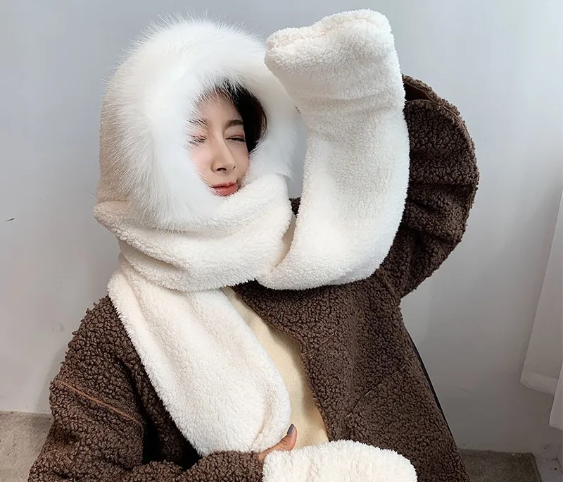 2019 Glaforny твердый осенне-зимний женский в плюшевой шляпе утолщенный двухслойный теплый для шеи защитный колпачок шарф перчатки