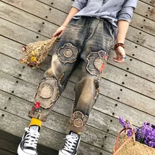 Новые джинсы больших размеров для женщин s Wash вышивка рваные джинсовые брюки женская мода молния с эластичной резинкой на поясе ковбойские шаровары